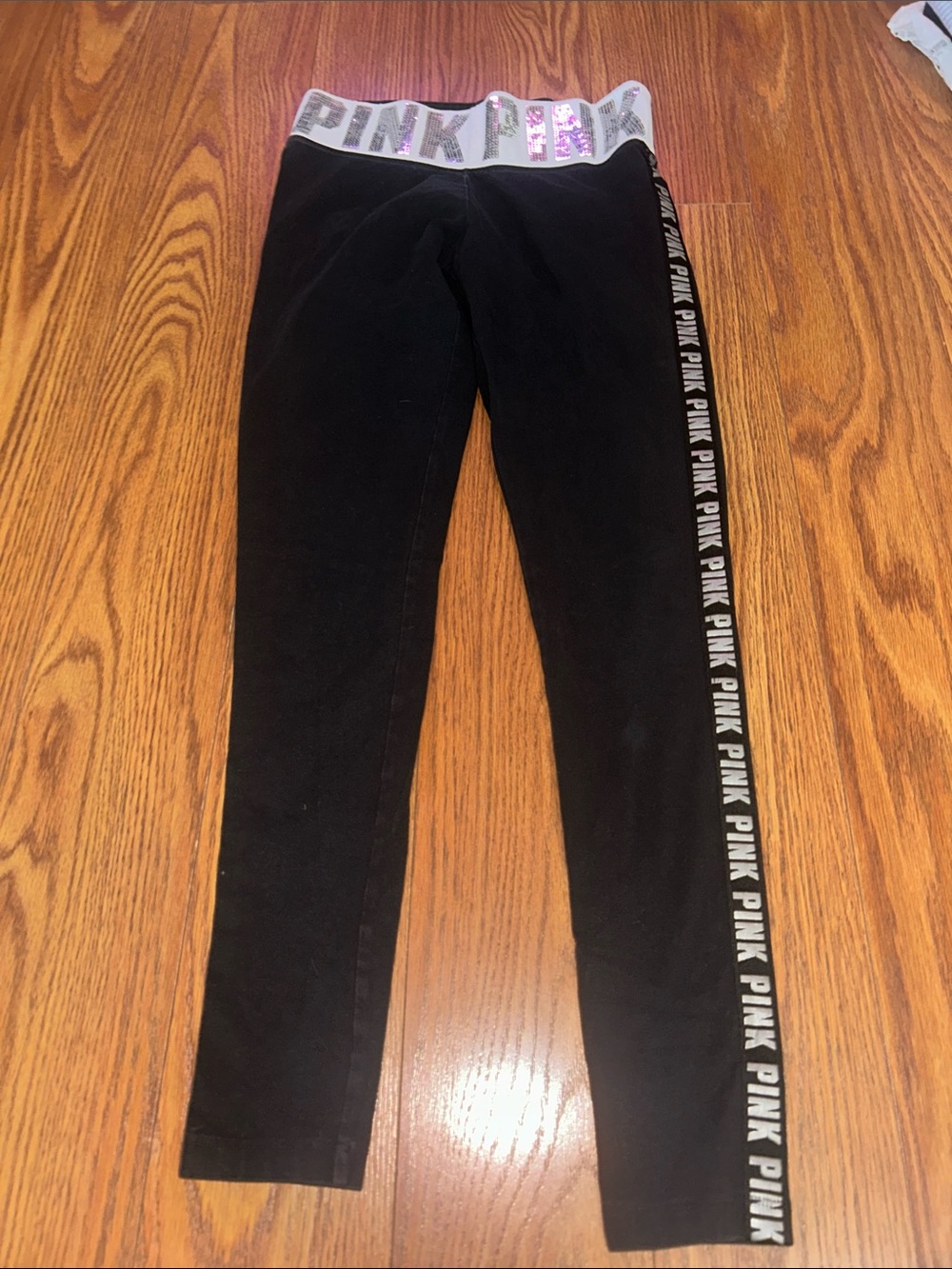 Vintage Y2K Victoria Secret PINK Black Leggings Sequin Waistband Yoga Pants XS